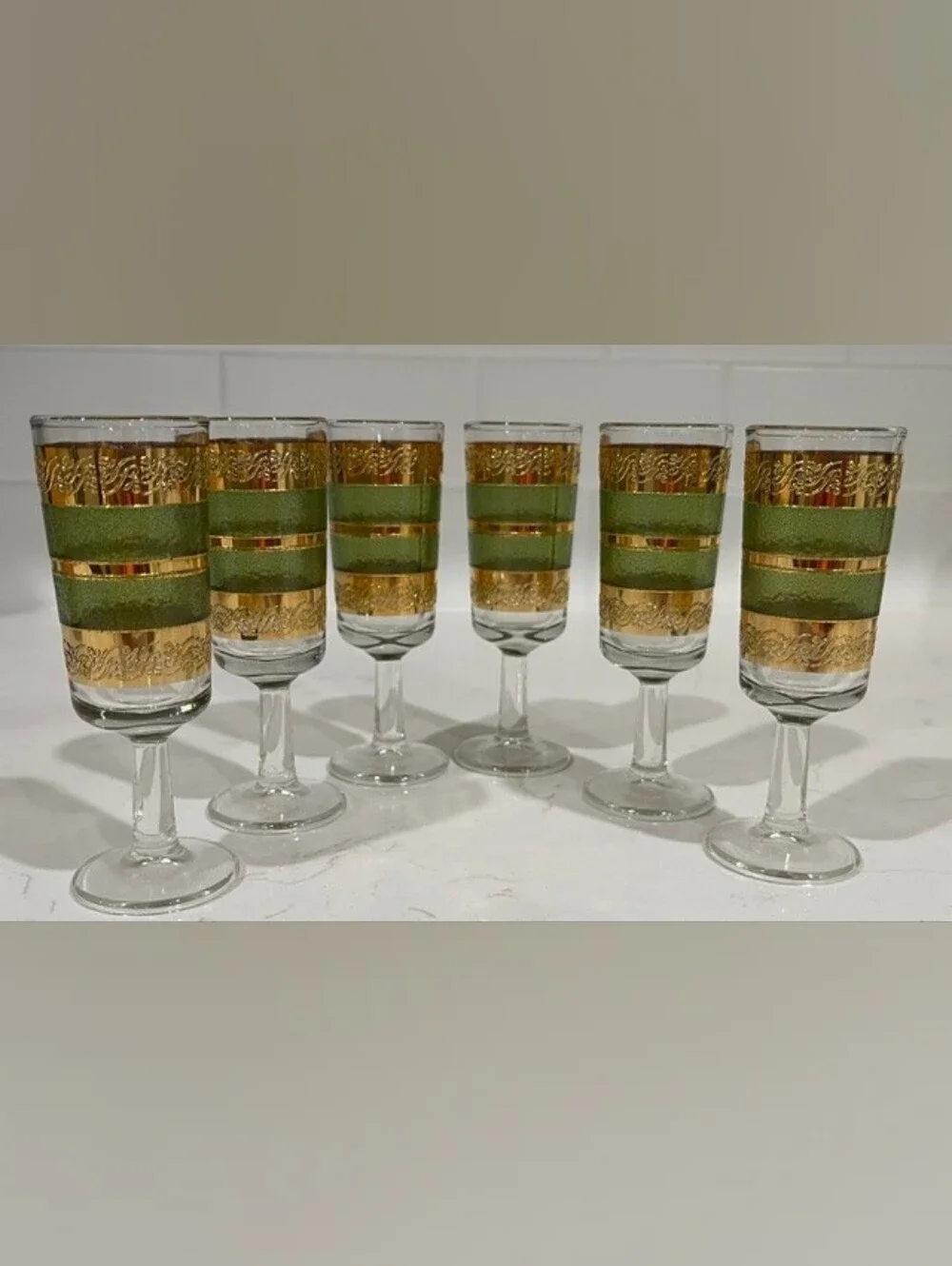 MCM Culver Starlyte Green & 22K Gold Scroll Stemmed Cordial Glasses - Set of 6